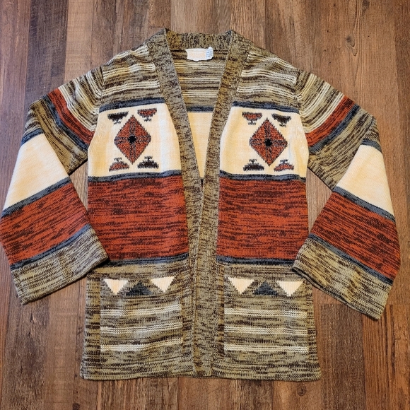 Vintage 70s Space Dye Aztec Wide Sleeve Knit Open Front Cardigan - Picture 1 of 7